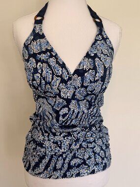 Tommy Bahama Reversible Tankini Top Blue Print Halter Size S NWOT
